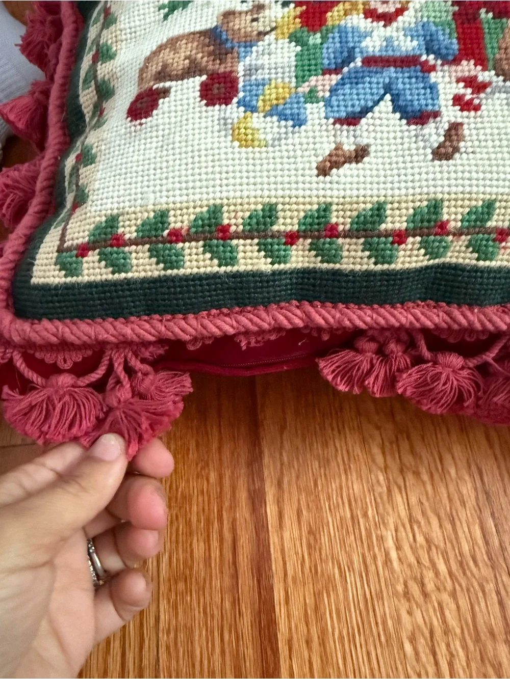 Vintage Christmas Tree Toys Under the Tree Needlepoint Pillow Red Velvet Back